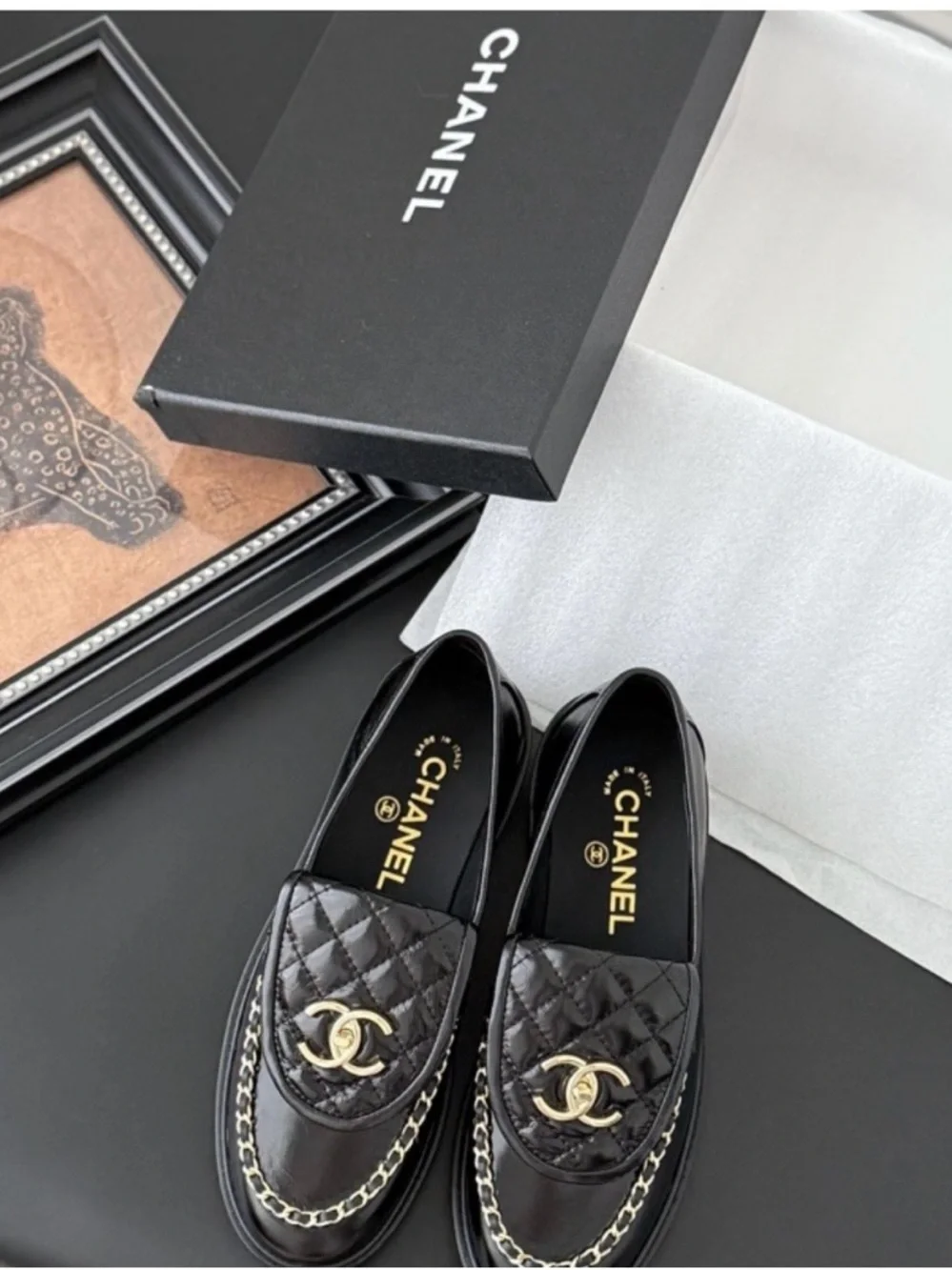 CHANEL Black Quilted Leather Chain Loafers